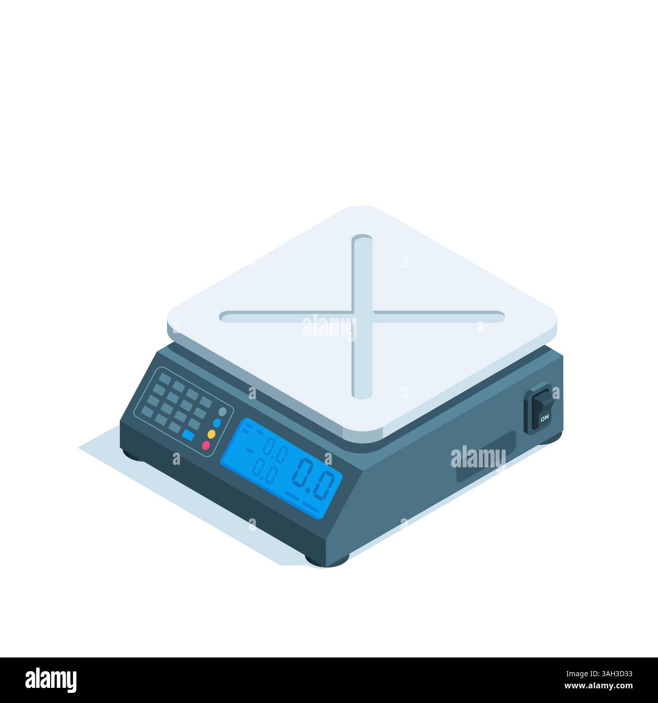bilance elettroniche isometriche, colorate su sfondo bianco, apparecchiature per pesare prodotti e altri beni Illustrazione Vettoriale