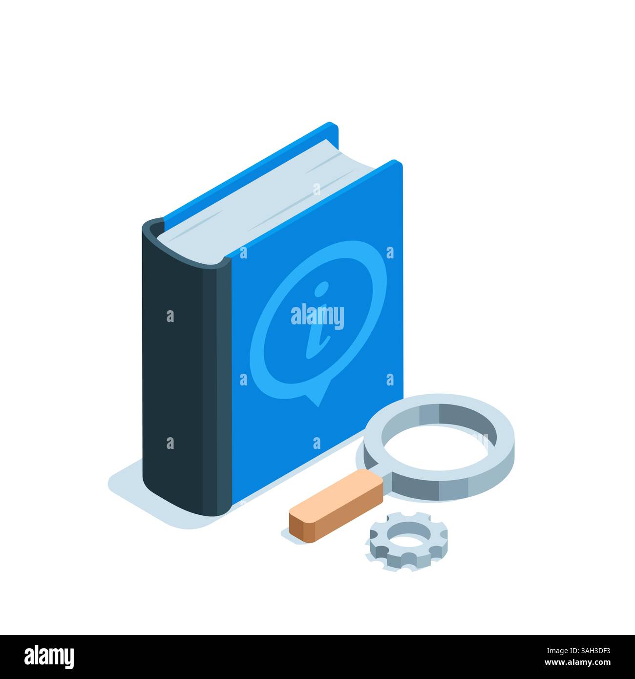 libro isometrico con icona info e lente di ingrandimento con ingranaggio a colori su sfondo bianco, libro di riferimento o dizionario Illustrazione Vettoriale