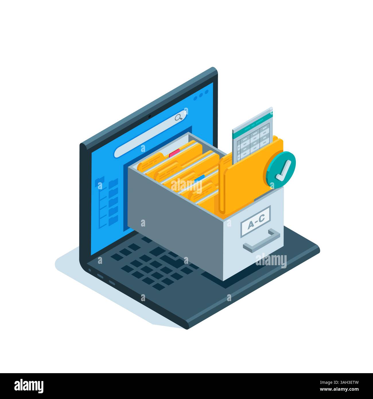 laptop isometrico sotto forma di archivio di cartelle, a colori su sfondo bianco, archivio digitale con documenti e dati Illustrazione Vettoriale