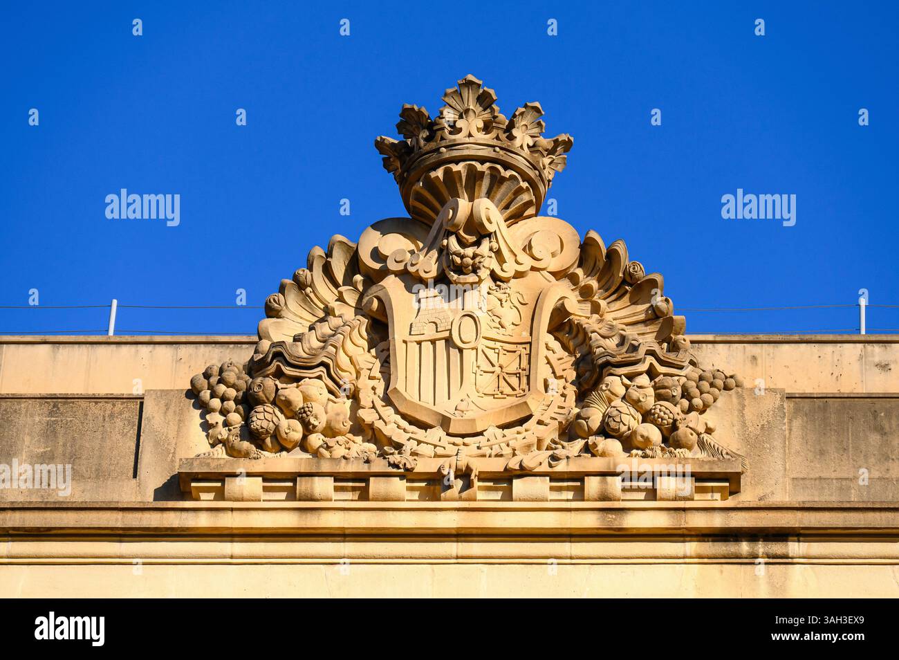 Antico stemma scolpito in pietra sulla sommità di un vecchio edificio. Foto Stock