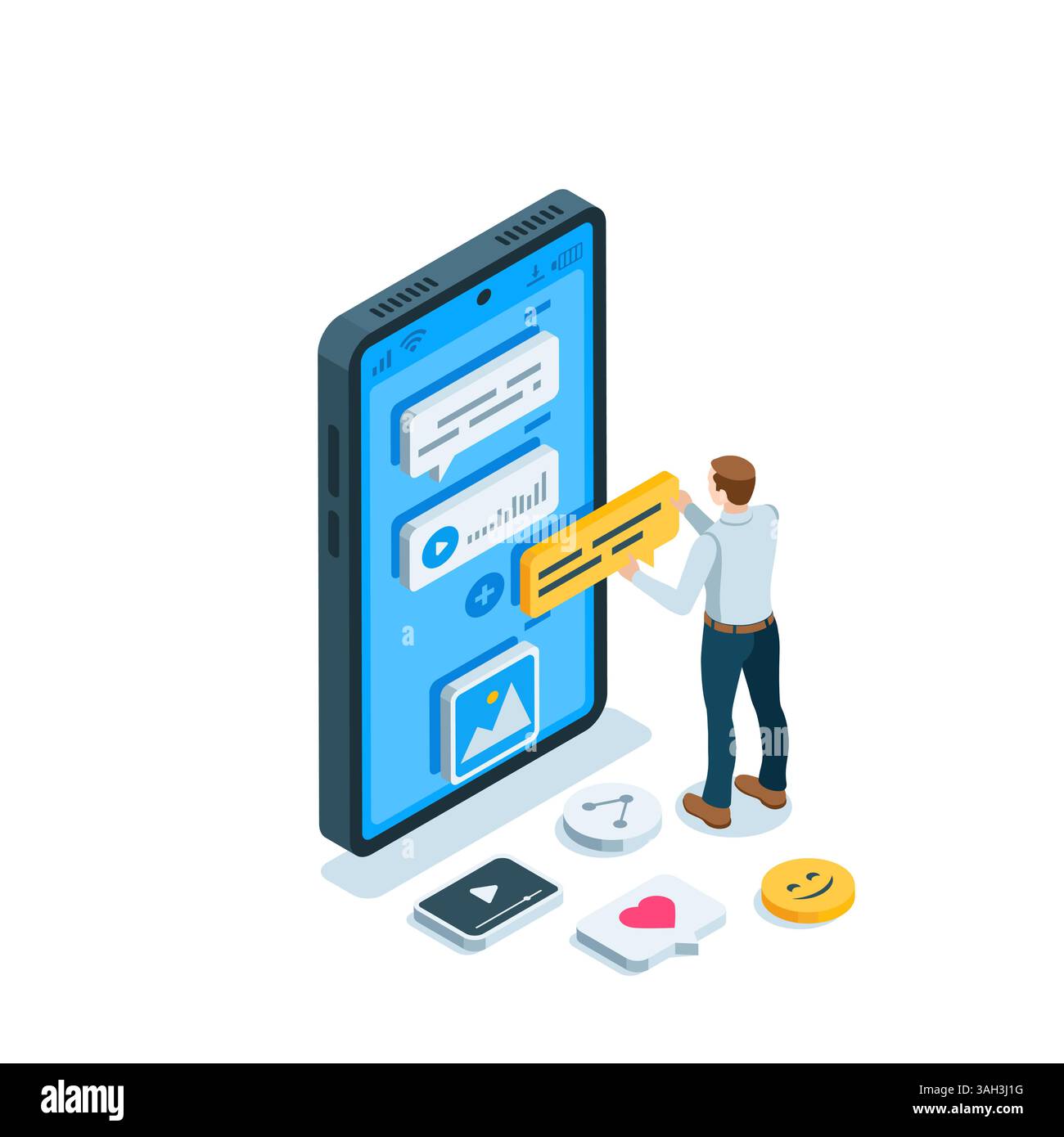uomo isometrico con bolla di testo accanto allo schermo dello smartphone, a colori su sfondo bianco, chat o messenger Illustrazione Vettoriale