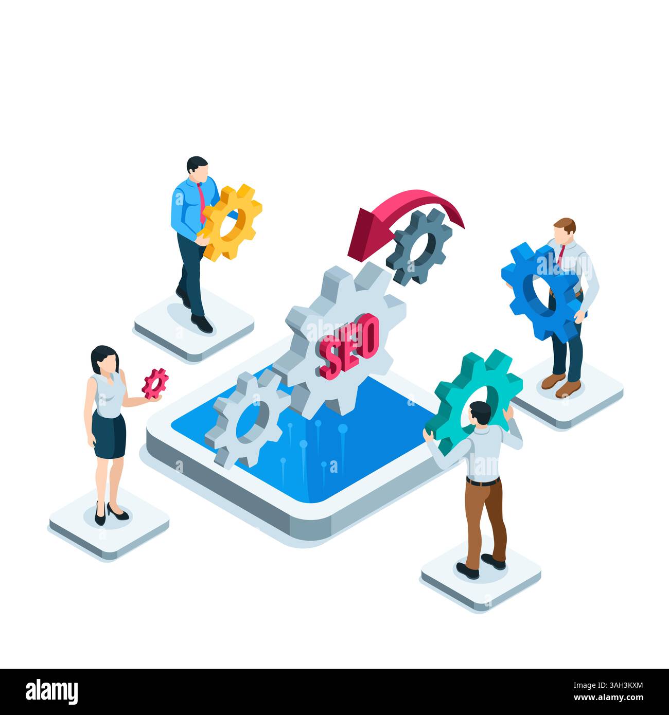 concetto isometrico persone aziendali con ingranaggi su piattaforma a colori su sfondo bianco, team di sviluppo seo o progetto collaborativo Illustrazione Vettoriale