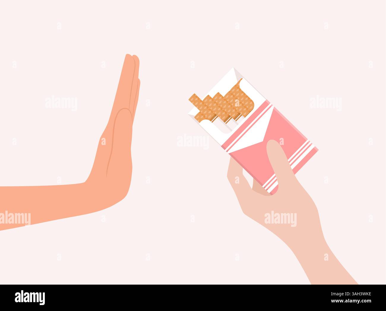 Mano che offre sigarette e altra mano nel gesto di rifiuto. Illustrazione vettoriale piatta Illustrazione Vettoriale