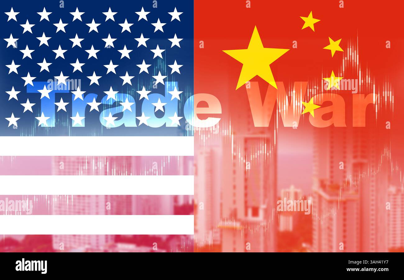 Simboli di guerra commerciale, barriere tariffarie tra Stati Uniti e Cina, bandiere USA e Cina su sfondo di cemento incrinato, guerra commerciale USA e Cina, USA e Cina tr Foto Stock