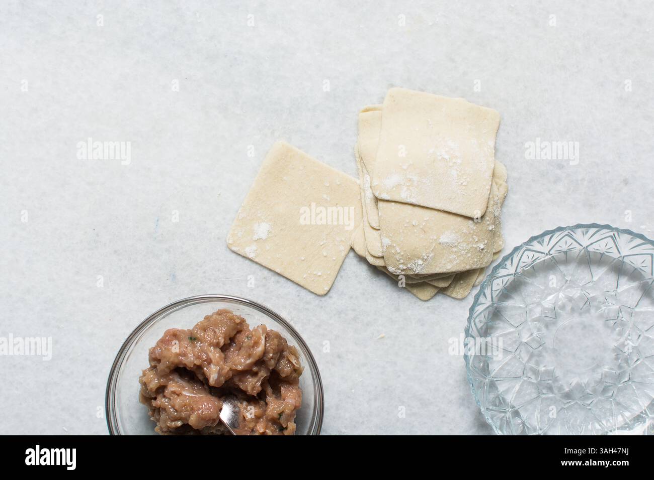 Vista dall'alto di wontons grezzi fatti in casa avvolgono e ripieno su un ripiano bianco, processo di preparazione dei gnocchi Foto Stock