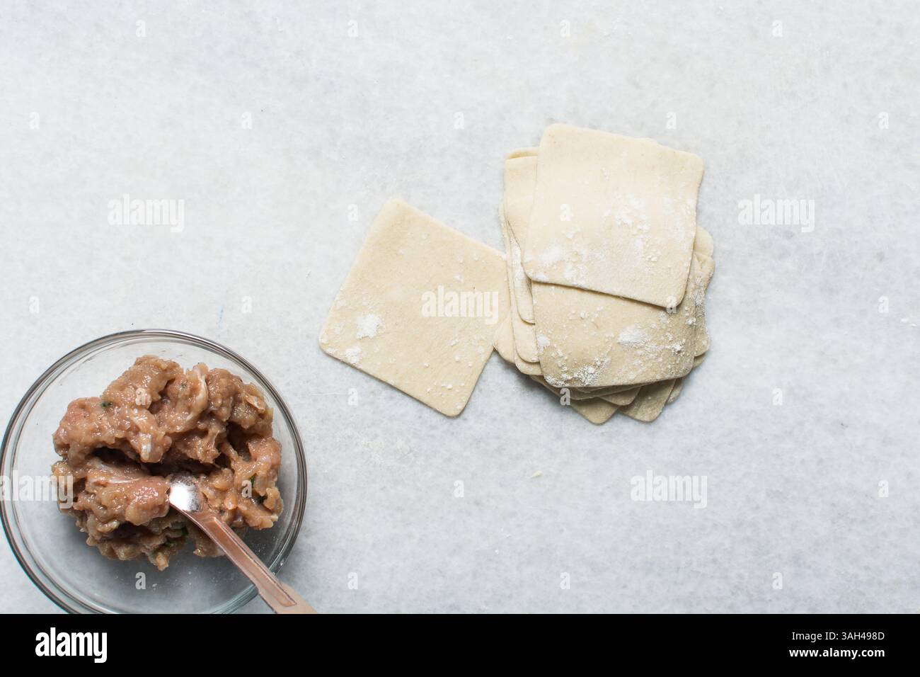Vista dall'alto di wontons grezzi fatti in casa avvolgono e ripieno su un ripiano bianco, processo di preparazione dei gnocchi Foto Stock