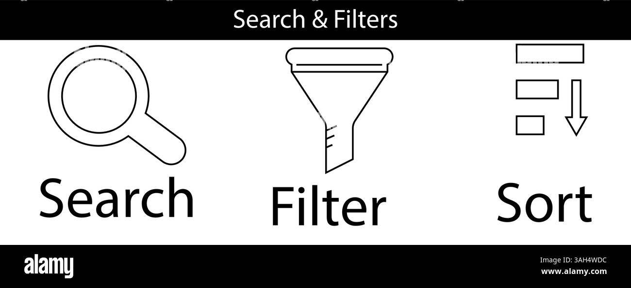 Icone di ordinamento filtro di ricerca impostate per UI UX Interface Design Mobile e Web Apps. Illustrazione Vettoriale