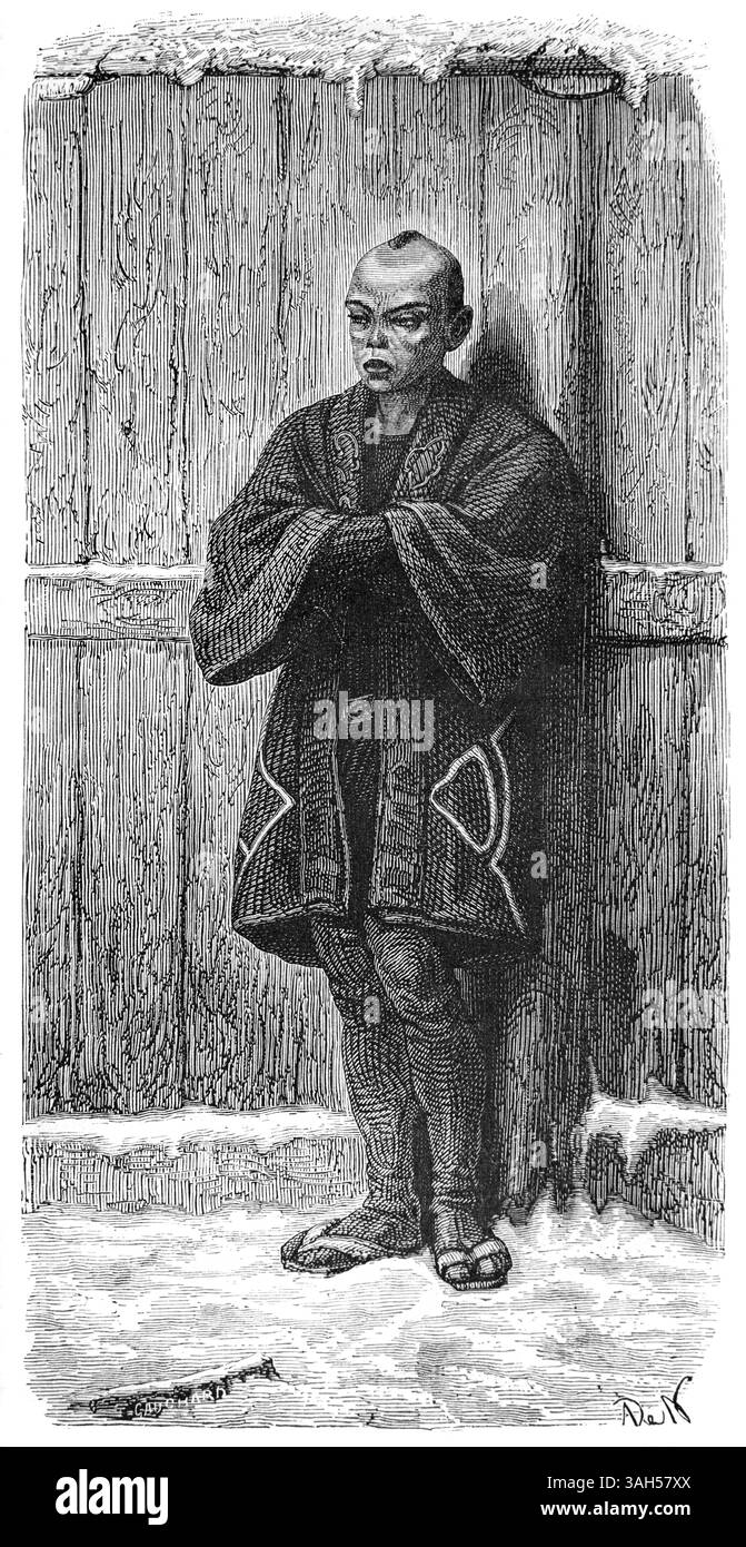 Uomo giapponese o abitante in abiti invernali, abbigliamento o costume Giappone. Incisione vintage o storica o illustrazione 1866 Foto Stock