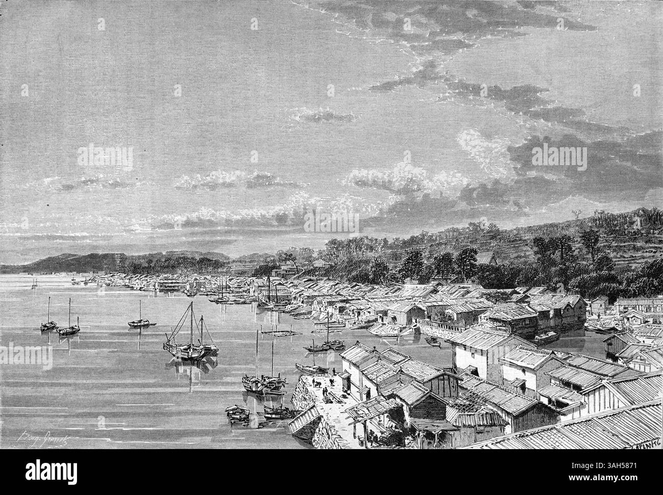 Vista panoramica o panoramica anticipata sulla città, il porto e il porto di Shimonoseki, la prefettura di Yamaguchi, il Giappone, la costa, lo stretto di Kanmon, anche noto come stretto di Shimooseki e il Mare del Giappone. Incisione vintage o storica o illustrazione 1866 Foto Stock