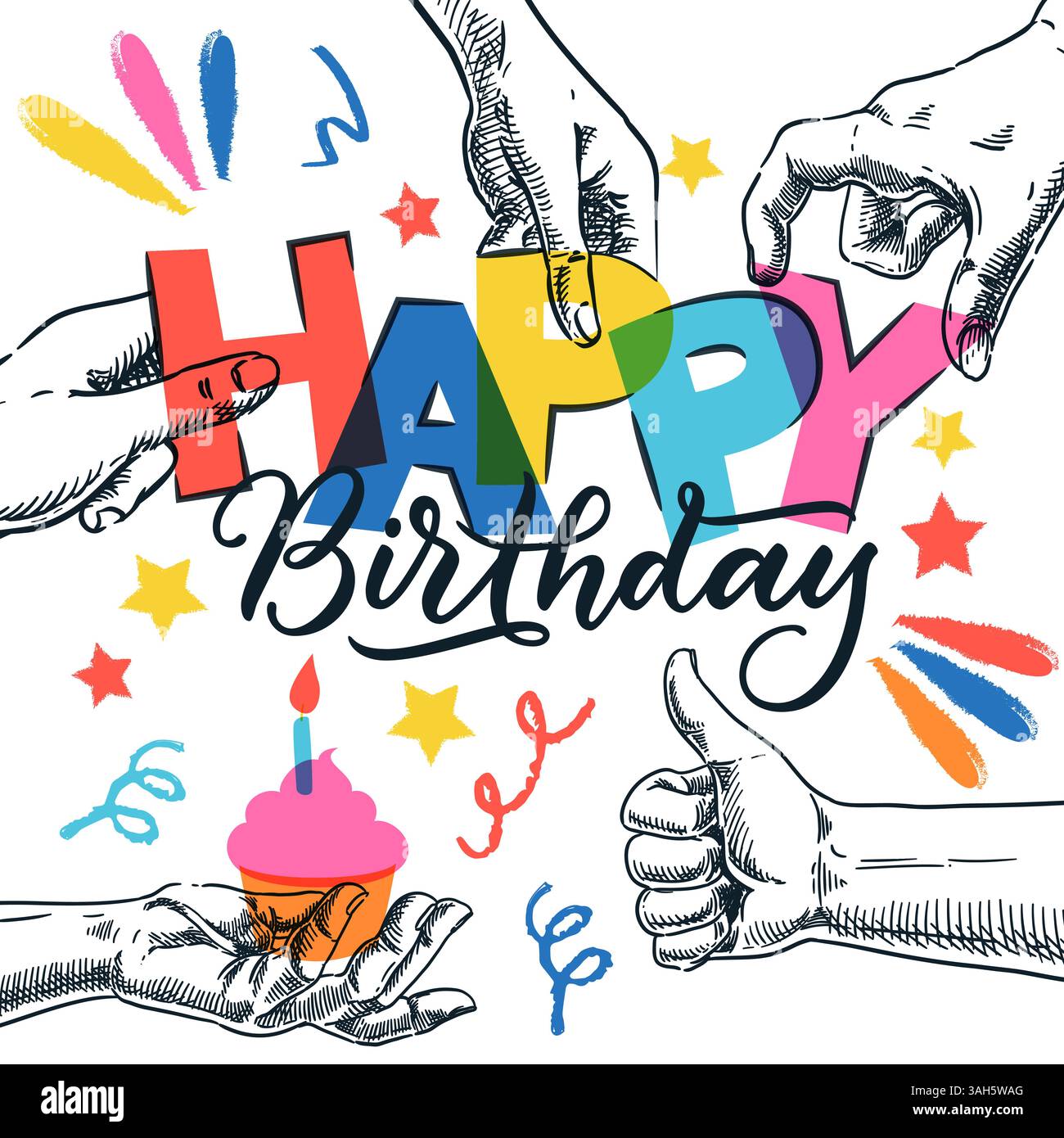 Lettere vibranti, che formano la parola buon compleanno in mani umane. Illustrazione dello schizzo disegnato a mano vettoriale. Modello di design per striscioni, poster, biglietti d'auguri. Totale Illustrazione Vettoriale
