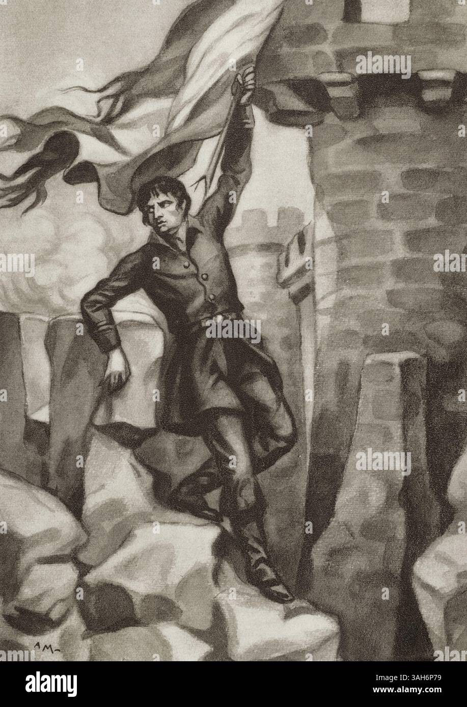 Guerra d'indipendenza spagnola (1808-1814). Catalogna. Assedio di Gerona (6 maggio 1809). Impresa del sottotenente Mariano Montoro, dei volontari Vich. Il 3 luglio 1809, durante l'attacco dell'artiglieria francese al castello di Montjuic, una bandiera spagnola fu colpita dal fuoco dei cannoni francesi e cadde nel fossato, dopodiché il sottotenente Montoro scese per raccoglierlo e sollevarlo di nuovo, inchiodandolo in cima al castello. Los Guerrilleros de 1808. Historia Popular de la Guerra de la Independencia, di Enrique Rodríguez-Solís. Volume I. pubblicato a Madrid, 1930. Foto Stock