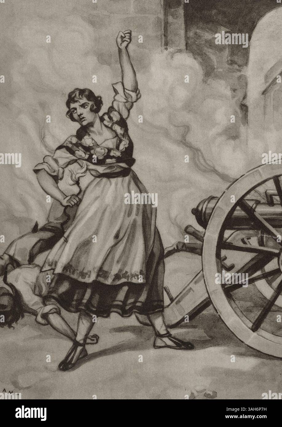 Agustina Zaragoza Doménech (1786-1857). Eroina della Guerra Peninsulare (1808-1814), durante il primo assedio di Saragozza. Conosciuta come Agustina d'Aragona. Combatté contro le truppe francesi nella difesa del bastione di Portillo, a Saragossa. Agustina de Aragón contribuì alla difesa incoraggiando gli artiglieri e portando loro munizioni e cibo. Il caporale al comando della batteria di artiglieria Portillo è stato ferito, così come il resto dei soldati al posto. Quando la batteria fu esposta per essere catturata dai francesi, Agustina sparò usando uno dei cannoni. Alcuni artiller feriti Foto Stock