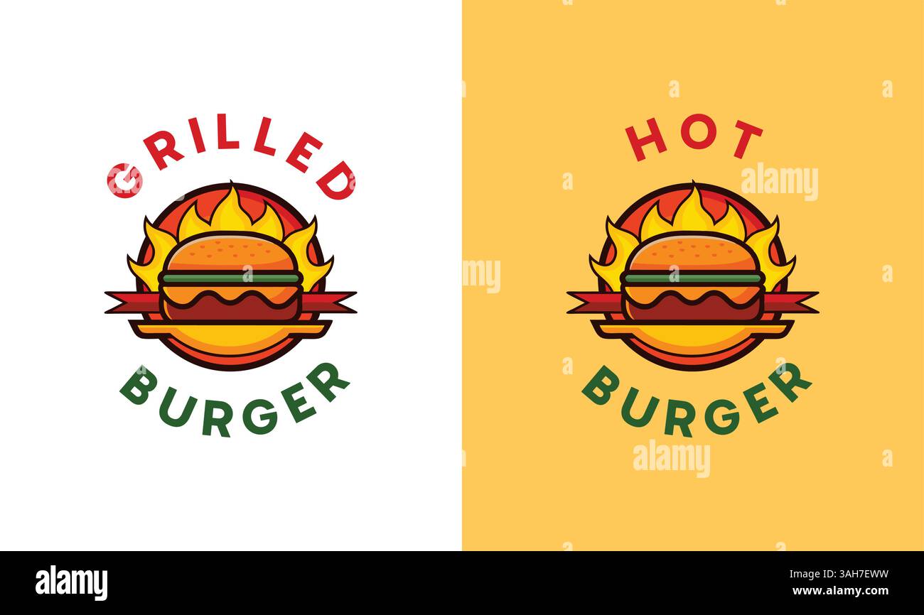 Design con logo hamburger alla griglia, logo creativo Hot Burger, logo hamburger con file modificabile con illustrazione del fuoco Illustrazione Vettoriale