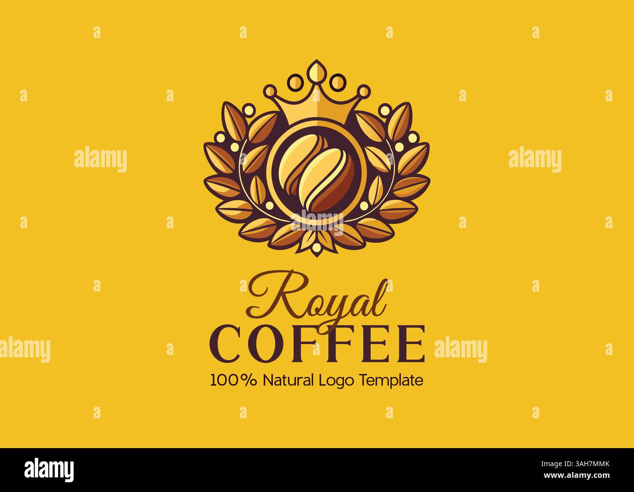 Design del modello con logo Royal Coffee con colori del caffè, illustrazione vettoriale modificabile, logo del caffè con corona e ghirlande vettoriali in alloro reale Illustrazione Vettoriale