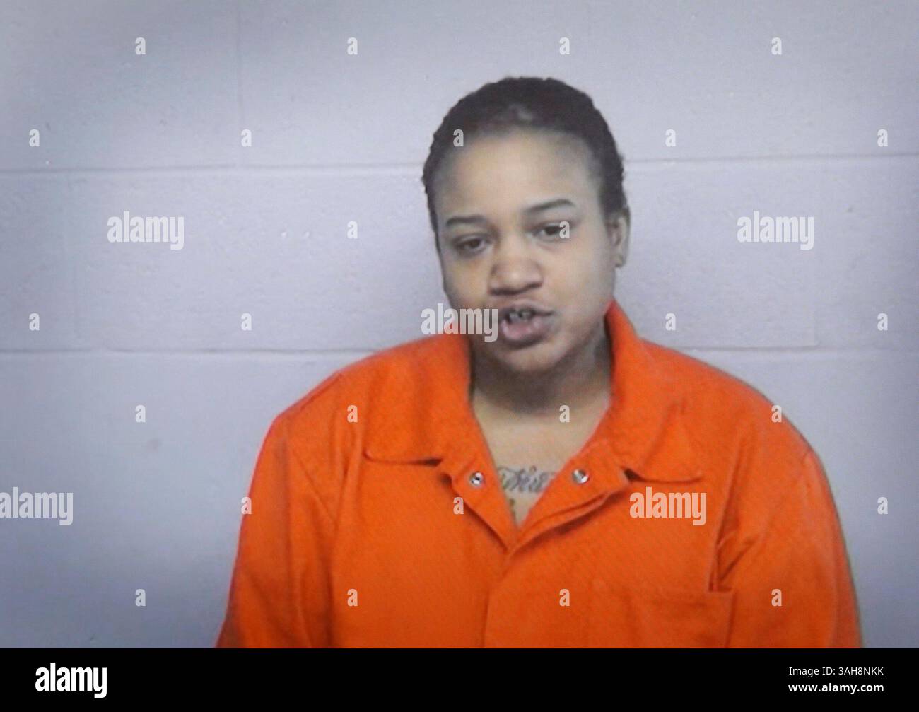 26 marzo 2015 - Michigan, Michigan, Stati Uniti - Mitchelle Blair è citata in giudizio nella 36th District Courtroom of magistrate Renee McDuffee giovedì 26 marzo 2015. Blair è stata accusata di abusi su minori. Blair stava tentando di dire qualcosa, ma fu esortato dal magistrato a rimanere in silenzio. Mitchelle Blair è stata accusata di quattro capi d'accusa per abuso di accampamento di primo grado e di aver commesso abusi minori di primo grado in presenza di un altro bambino dopo che la polizia ha trovato i corpi di rimorchio dei suoi figli congelati nel suo appartamento in un congelatore profondo. Mandi Wright/Detroit Free Press. (Credito immag Foto Stock