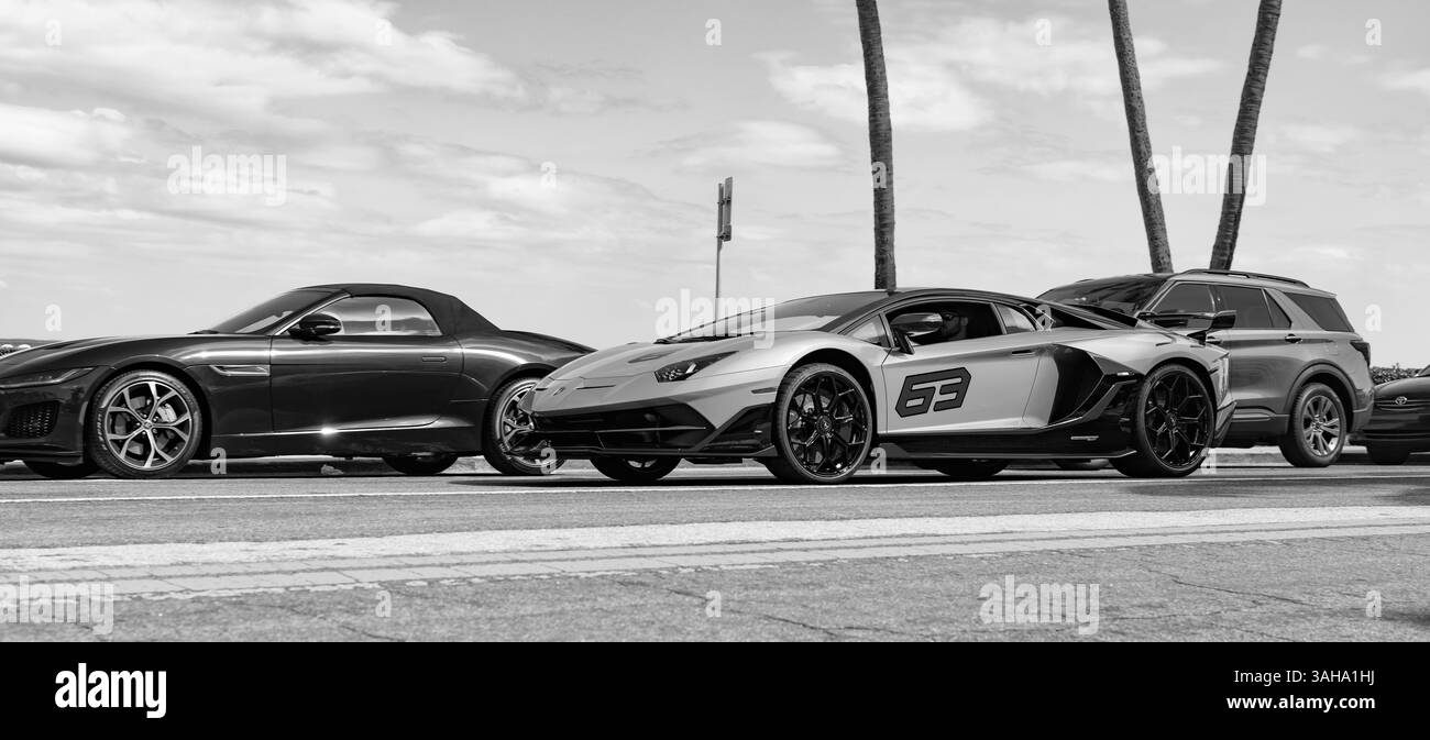 Palm Beach, Florida USA - 21 marzo 2021: Lamborghini Aventador auto su strada in spiaggia di palme Foto Stock