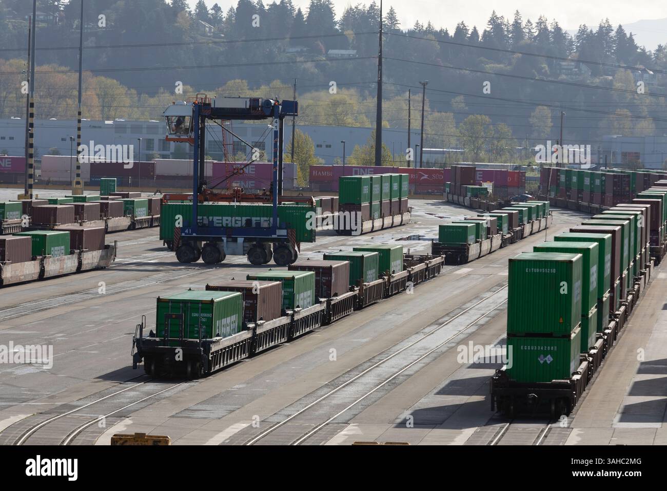 Tacoma, Washington, Stati Uniti. 9 aprile 2025. Un vettore a cavallo riorganizza i container di spedizione su vagoni ferroviari al porto di Tacoma. La guerra commerciale globale si intensifica mentre la Cina e l’Unione europea rispondono alle nuove e aggressive tariffe dell’amministrazione Trump. Crediti: Paul Christian Gordon/Alamy Live News Foto Stock