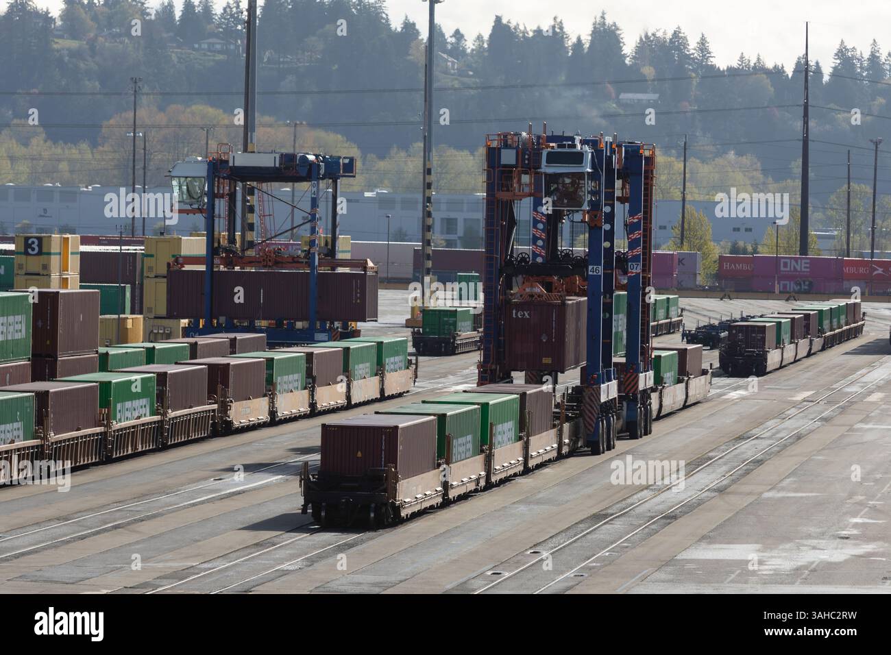 I vettori a cavallo riorganizzano i container di spedizione sui vagoni ferroviari al porto di Tacoma. La guerra commerciale globale si intensifica mentre la Cina e l’Unione europea rispondono alle nuove e aggressive tariffe dell’amministrazione Trump. Crediti: Paul Christian Gordon/Alamy Live News Foto Stock