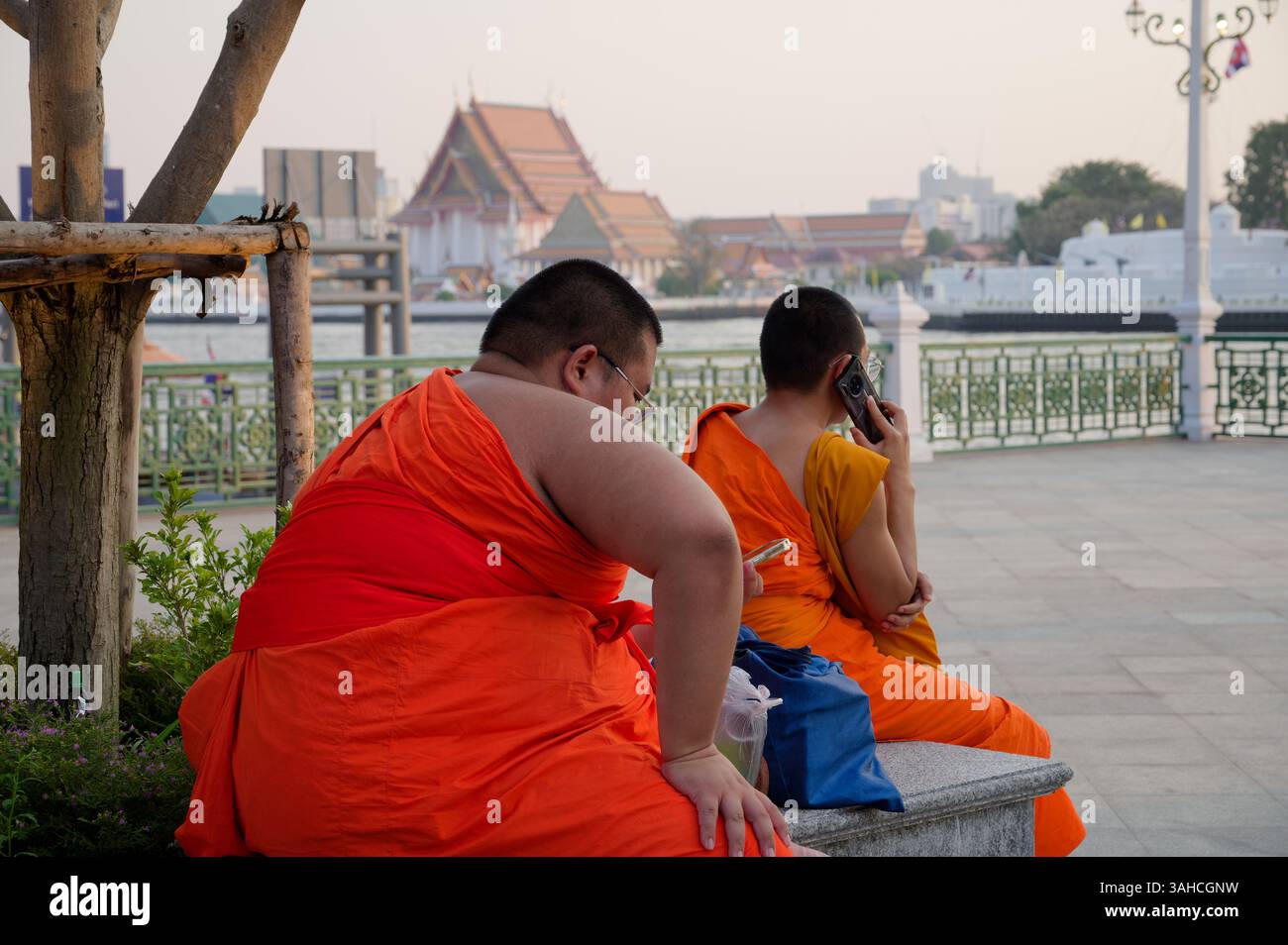 Due monaci in abiti arancioni si trovano sul lungofiume di Bangkok, entrambi impegnati con i loro telefoni Foto Stock