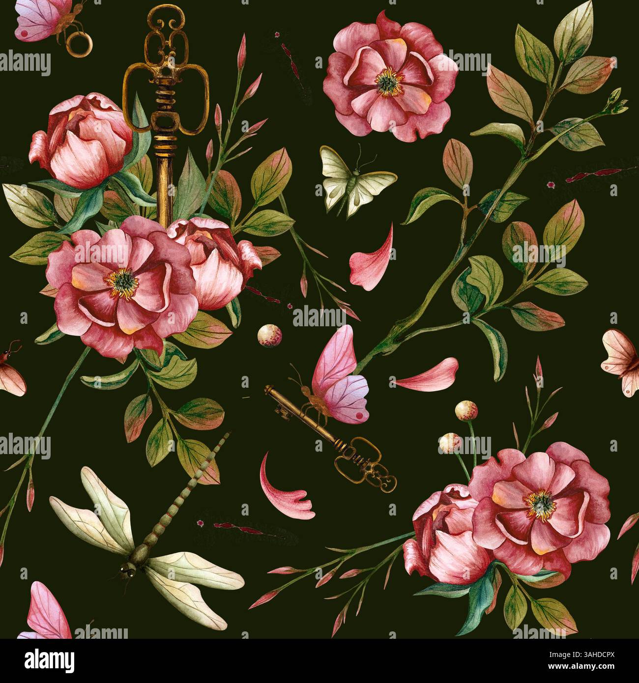 Boccioli di peonie, chiave vintage, foglie, insetti motivo senza cuciture. Illustrazione ad acquerello floreale isolata su sfondo nero. Ornamento di fiori per Foto Stock