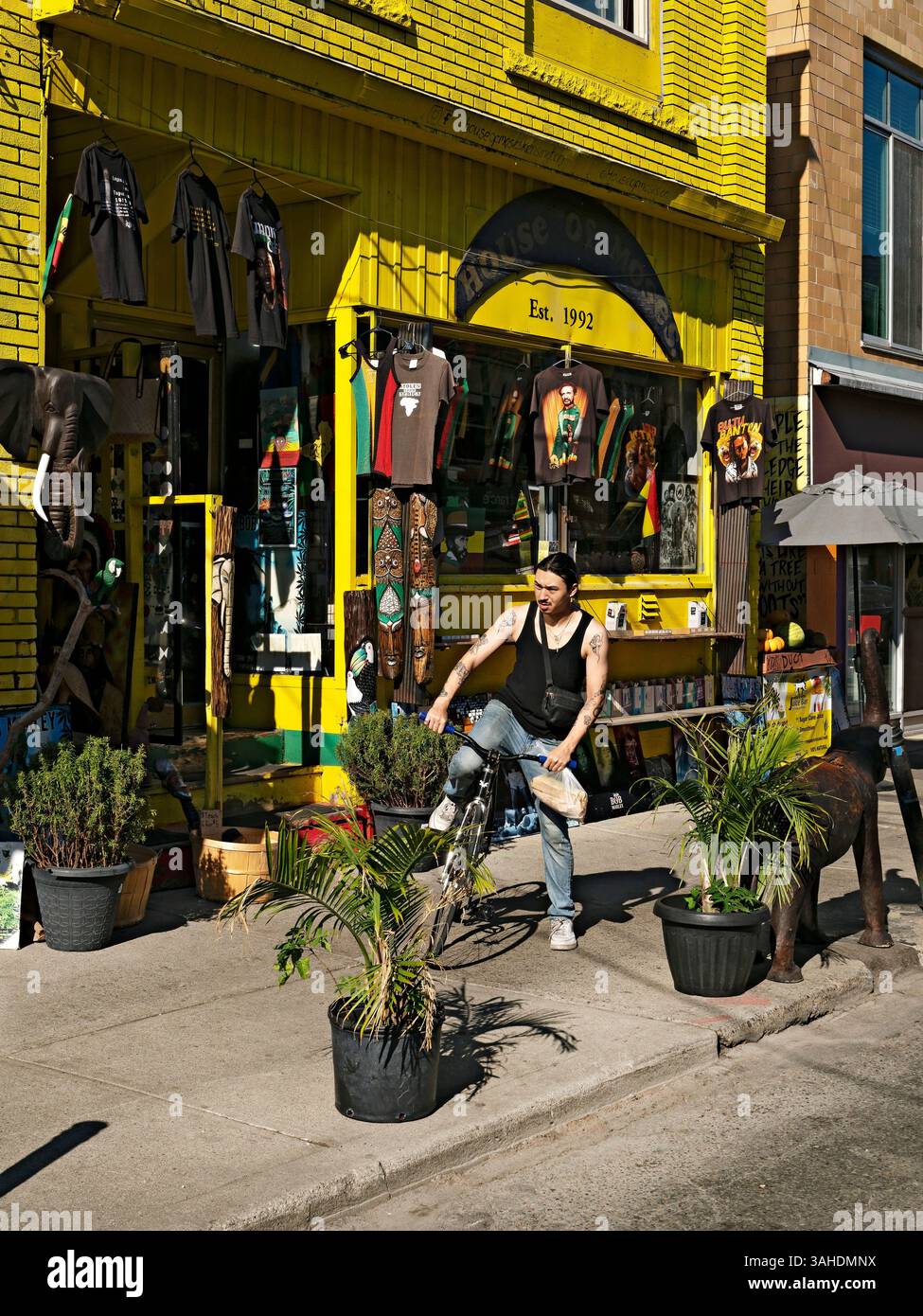 Toronto Canada / Un giovane uomo indigeno fuori dal negozio Rastafari House of Moses. Il quartiere del mercato di Kensington è un crogiolo di Foto Stock Toronto Canada / Un giovane uomo indigeno fuori dal negozio Rastafari House of Moses. Il quartiere del mercato di Kensington è un crogiolo di Foto Stock