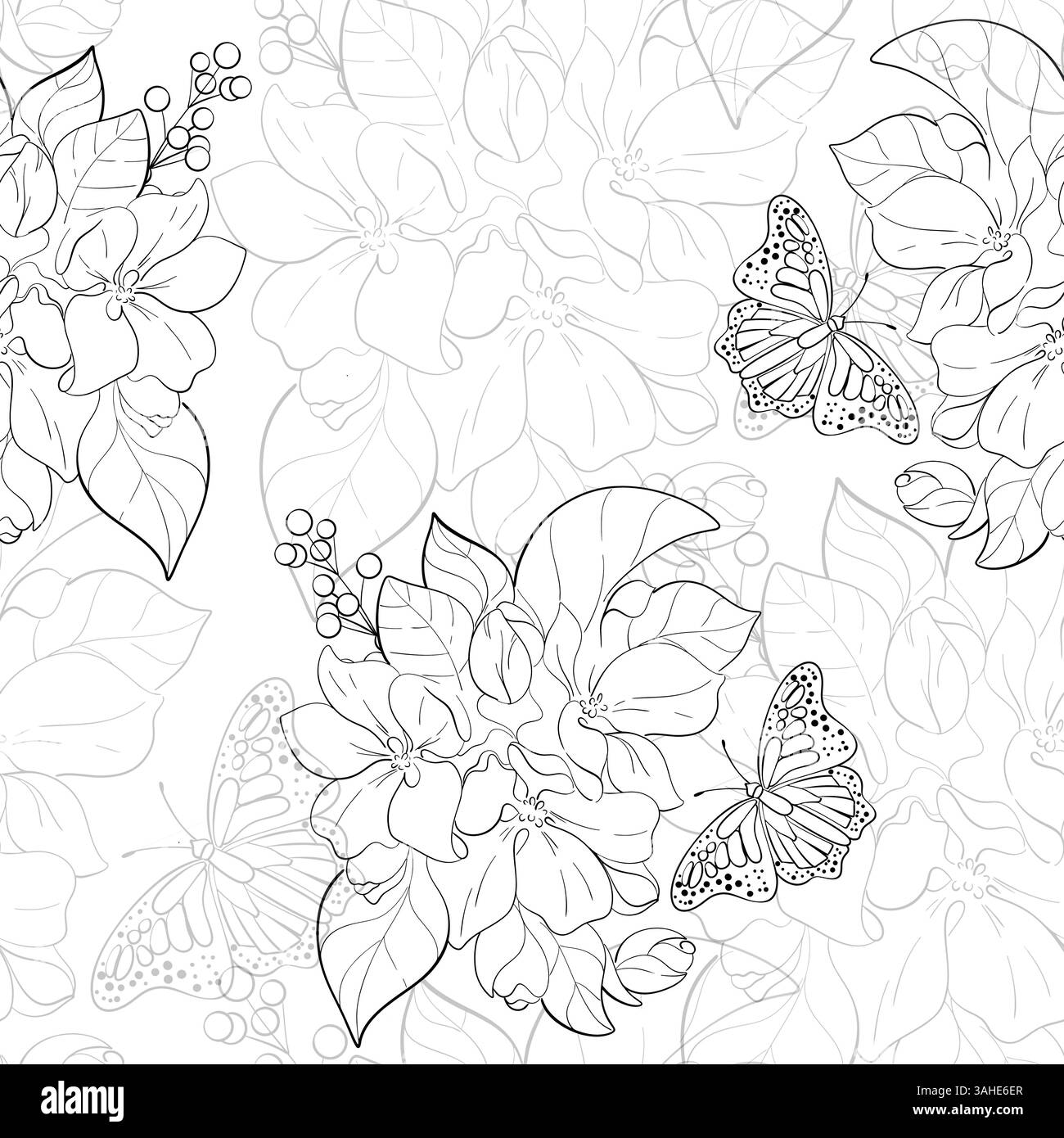 Motivo vettoriale senza cuciture - bouquet con farfalla, fioritura di ciliegio giapponese, arte sakura. Bouquet di mele. Silhouette nera per il circuito Illustrazione Vettoriale