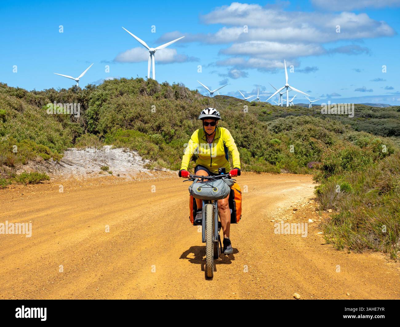 Pedalando davanti alle turbine eoliche fuori Albany sul Munda Biddi Trail Foto Stock