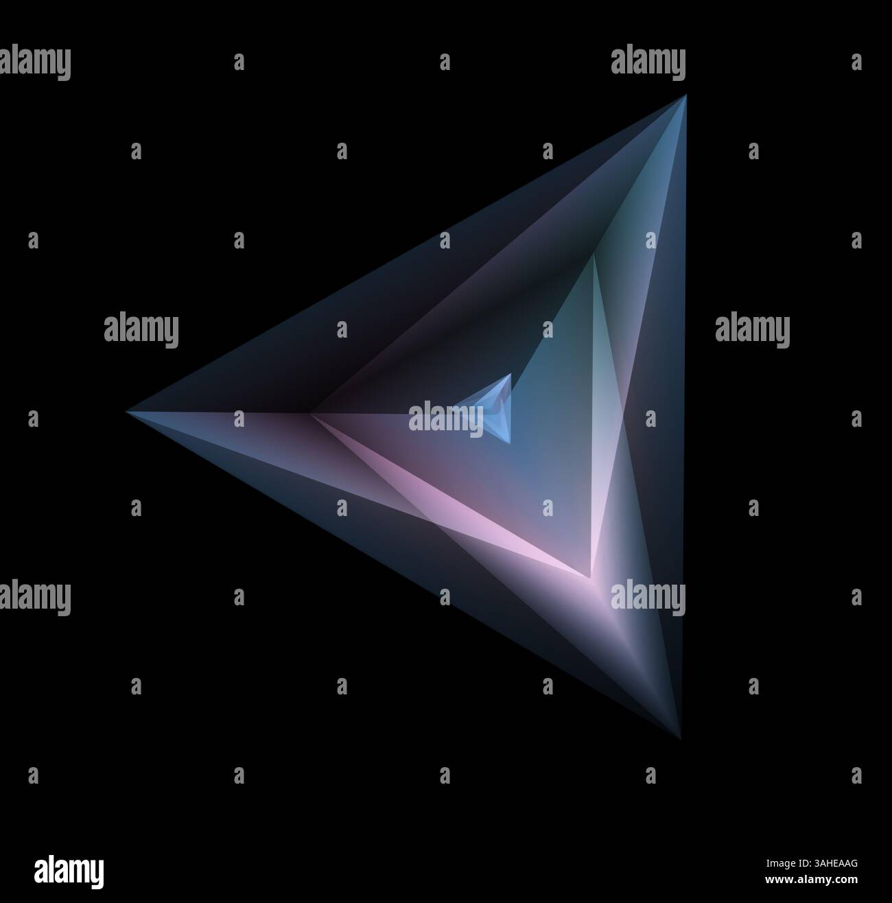 Enigmatica astrazione geometrica che raffigura un tetraedro luminoso che converge verso un punto centrale, evocando nozioni di singolarità cosmiche e nascoste Foto Stock