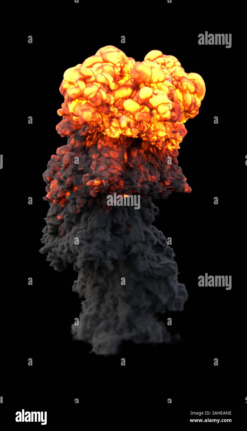 Un'esplosione di nuvole di funghi estremamente dettagliata con un nucleo luminoso e ardente, sezione intermedia fumosa in transizione e denso fumo nero contro un dorso nero puro Foto Stock