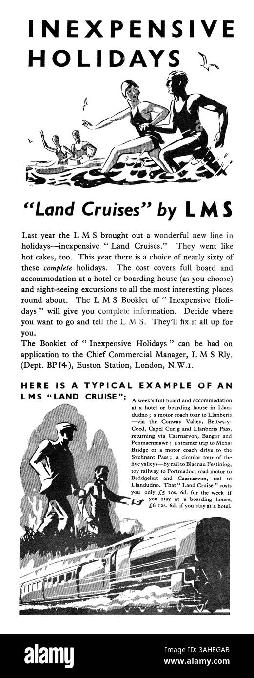 1934 pubblicità britannica per le vacanze "Land Cruise" sulle ferrovie londinesi, Midland e scozzesi (LMS). Foto Stock