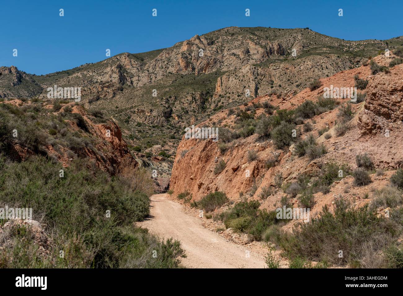 Splendido paesaggio con tortuosa strada sterrata di ghiaia, Costa Blanca Foto Stock