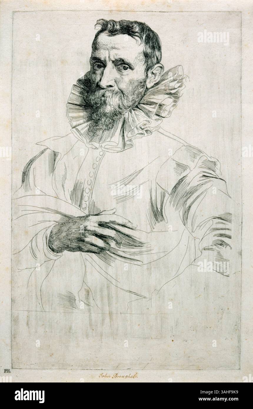 Jan Brueghel il Vecchio (1568-1625), ritratto inciso del pittore e disegnatore fiammingo di Sir Anthony van Dyck, 1626-1633 Foto Stock