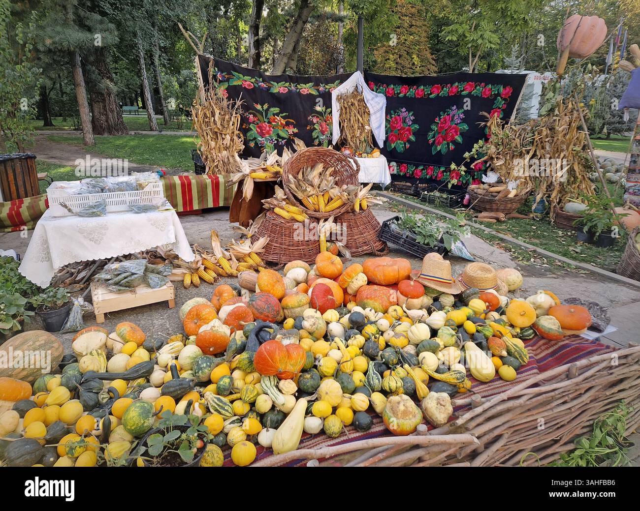Vivace banchina all'aperto con una varietà di buongustai colorati, zucche e mais. Tappezzeria nera con motivi floreali sullo sfondo, tradizionale Foto Stock