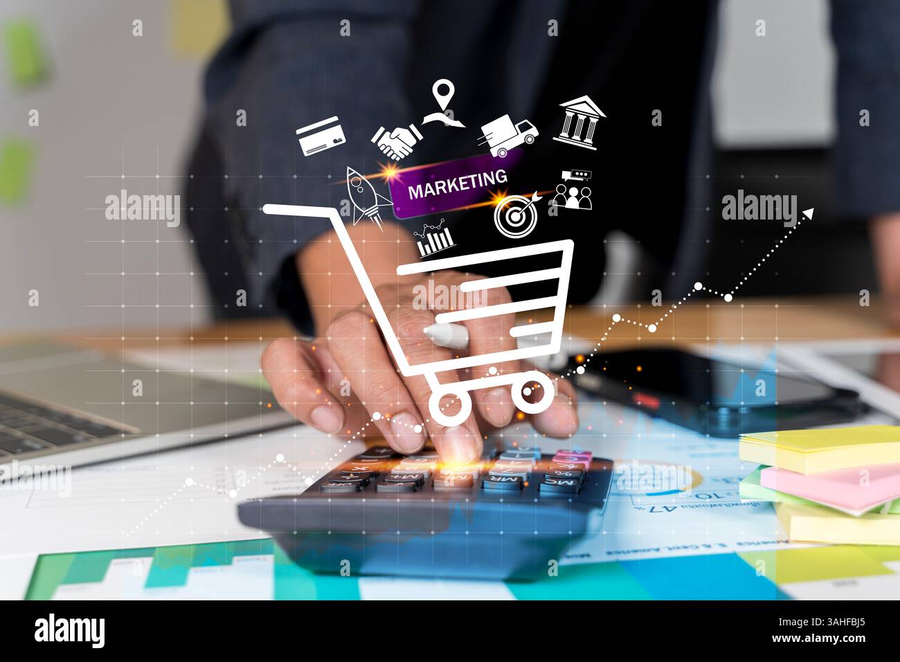 Concetto di vendita online e-commerce di investimenti. Contesto del mercato digitale. Gli uomini d'affari utilizzano un'app mobile su una soluzione per il canale di mercato. Promozione prodotto servic Foto Stock