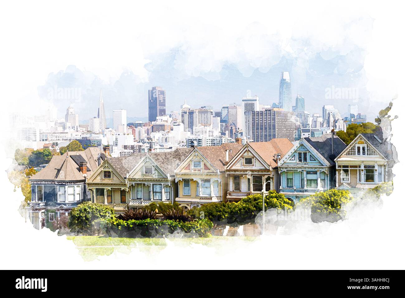 Illustrazione ad acquerello stilizzato delle iconiche case delle signore dipinte a San Francisco, catturando i loro colori vivaci e l'affascinante architetto vittoriano Foto Stock