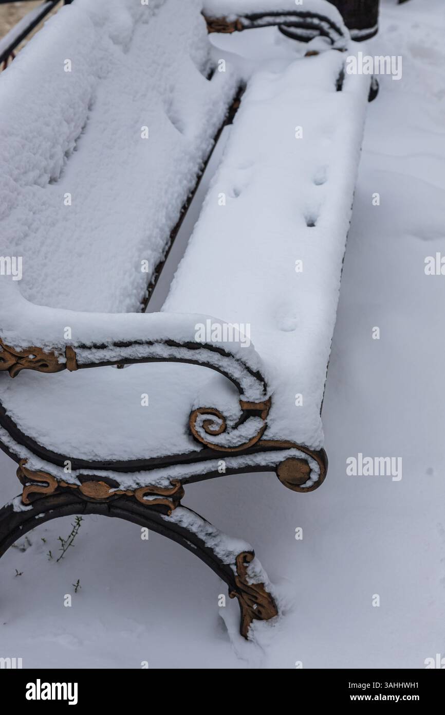 Una panchina del parco è ricoperta di neve fresca, circondata da un tranquillo paesaggio invernale, invitante riflessione tranquilla e apprezzamento della bellezza della natura. Foto Stock