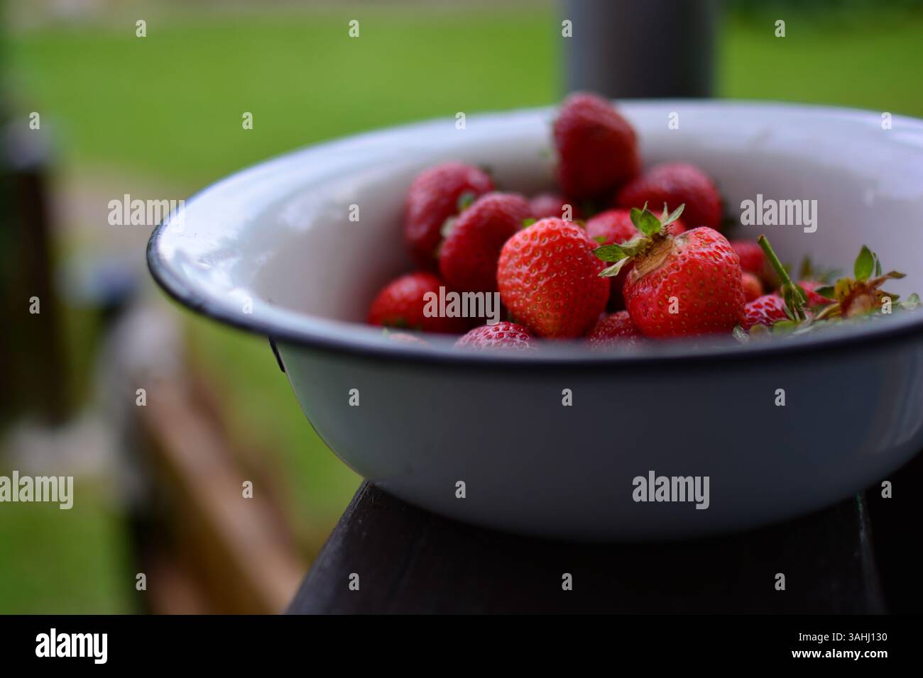 Grande ciotola di fragole fresche in paese. Ciotola di fragole nel portico. Una ciotola vecchia scuola di fragole. Frutti di bosco in una vecchia ciotola nella zona rurale. Foto Stock