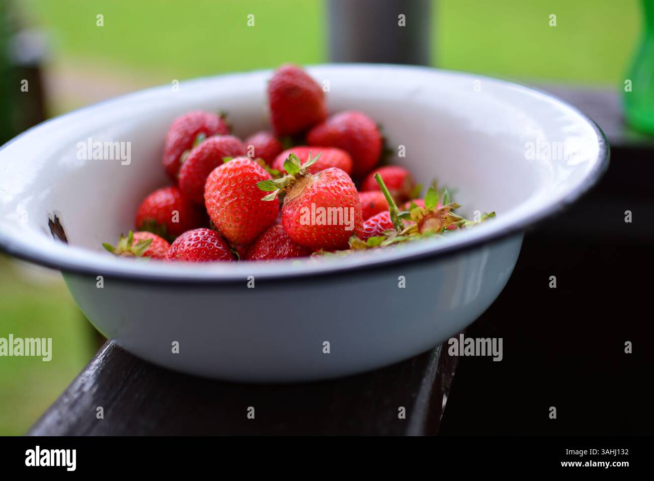 Grande ciotola di fragole fresche in paese. Ciotola di fragole nel portico. Una ciotola vecchia scuola di fragole. Frutti di bosco in una vecchia ciotola nella zona rurale. Foto Stock