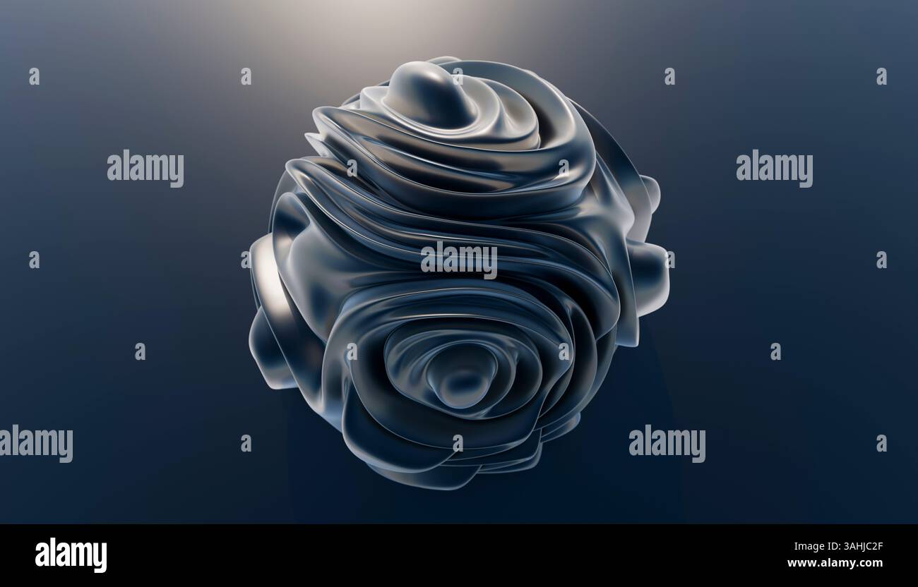 Sfera metallica 3D astratta con texture vorticose su sfondo scuro. Rendering 3D. Foto Stock