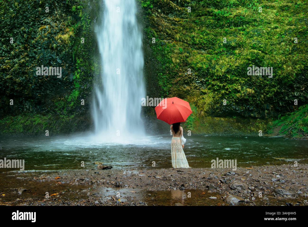 Donna con ombrello rosso in piedi accanto a una cascata in una lussureggiante foresta verde. Silver Falls, Oregon, Stati Uniti Foto Stock
