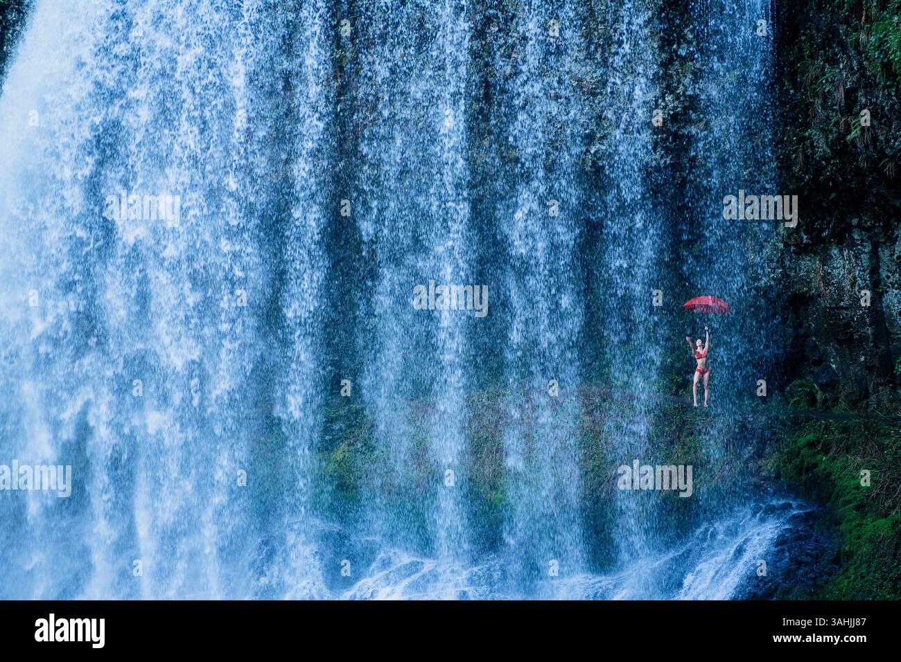 Donna con ombrello rosso in piedi vicino a una grande cascata. Silver Falls, Oregon, Stati Uniti Foto Stock