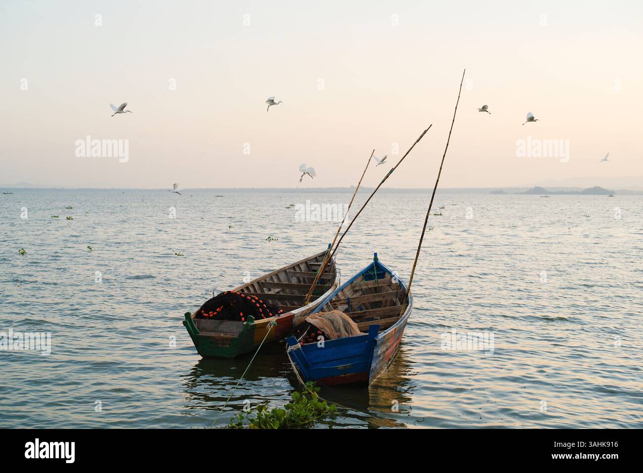 Due barche da pesca con pali alti galleggiano su un mare calmo sotto un cielo con uccelli volanti. Tanzania, Africa Foto Stock