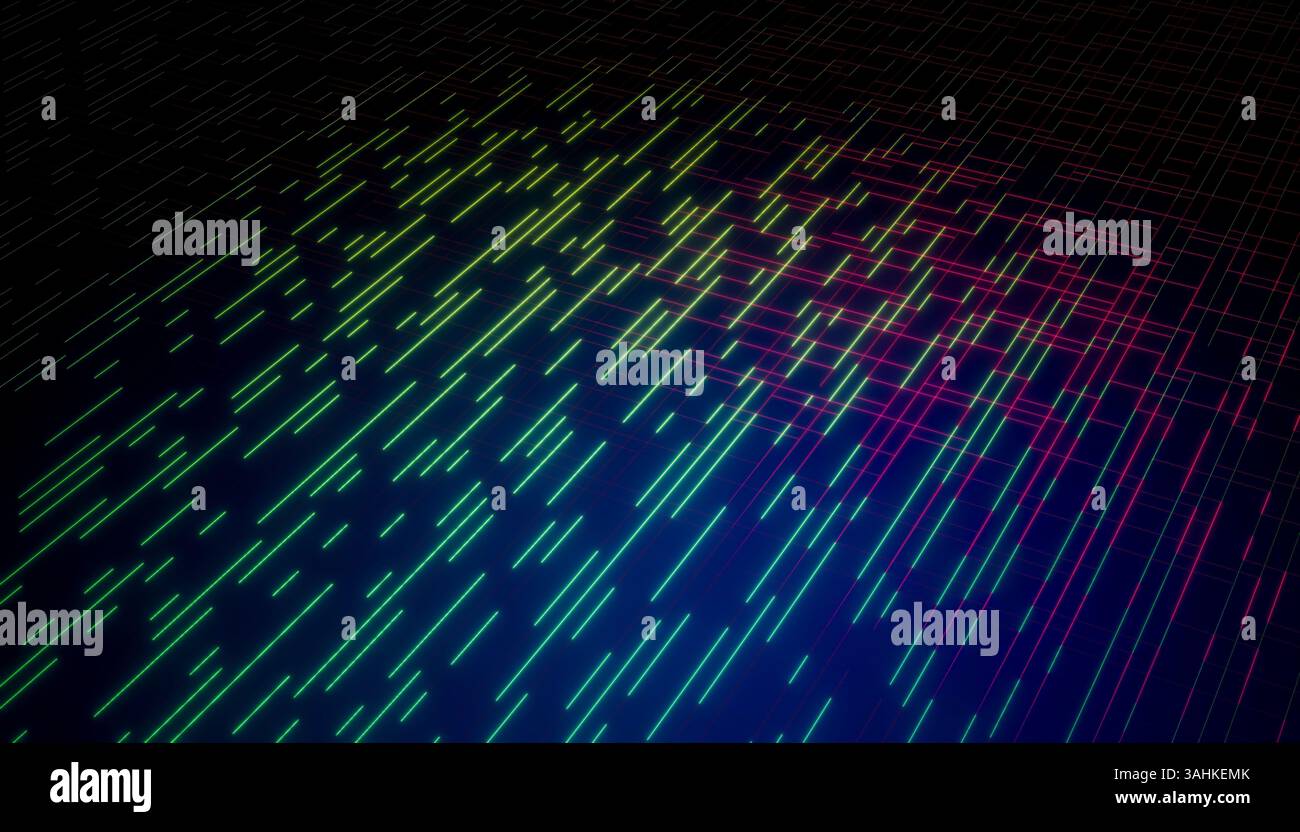 Le linee al neon formano una griglia vibrante e astratta su uno sfondo scuro. Illustrazione del frullatore 3D. Foto Stock