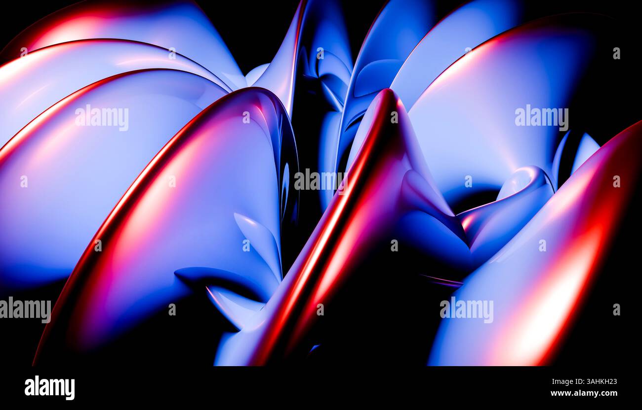 Composizione astratta di forme vibranti, colorate e vorticose nei toni del rosso e del blu. Illustrazione del frullatore 3D. Foto Stock
