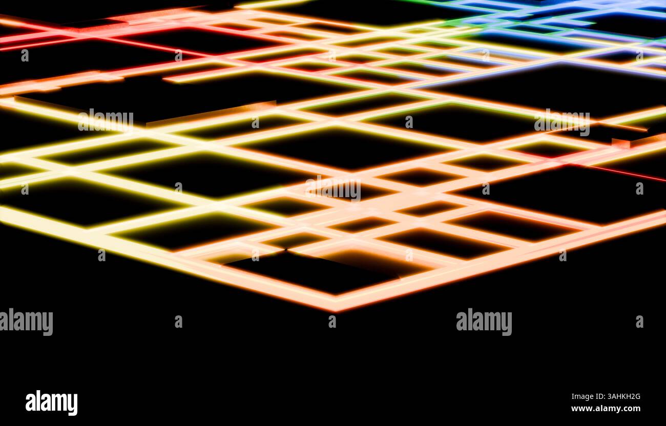 Griglia geometrica astratta con linee al neon brillanti su sfondo scuro. Illustrazione del frullatore 3D. Foto Stock