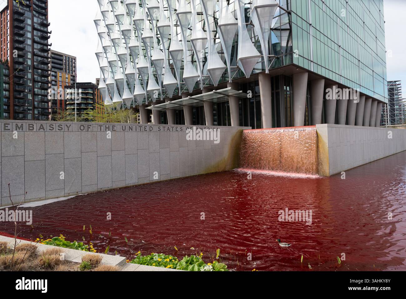 Londra, Regno Unito. 10 aprile 2025. Gli attivisti di Greenpeace tingono lo stagno che circonda l'ambasciata degli Stati Uniti a Nine Elms, Londra sangue rosso in una protesta contro il militarismo americano e il sostegno alla guerra di Israele a Gaza. Crediti: Ron Fassbender/Alamy Live News Foto Stock