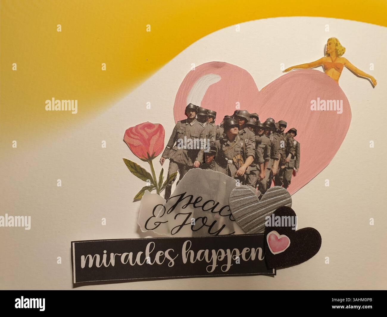 L'arte concettuale del collage di soldati diretti verso la pace e la gioia. Fate altro amore, lasciate la guerra! - Mülheim-Ruhr, Germania, su 05.04.2025 Foto Stock