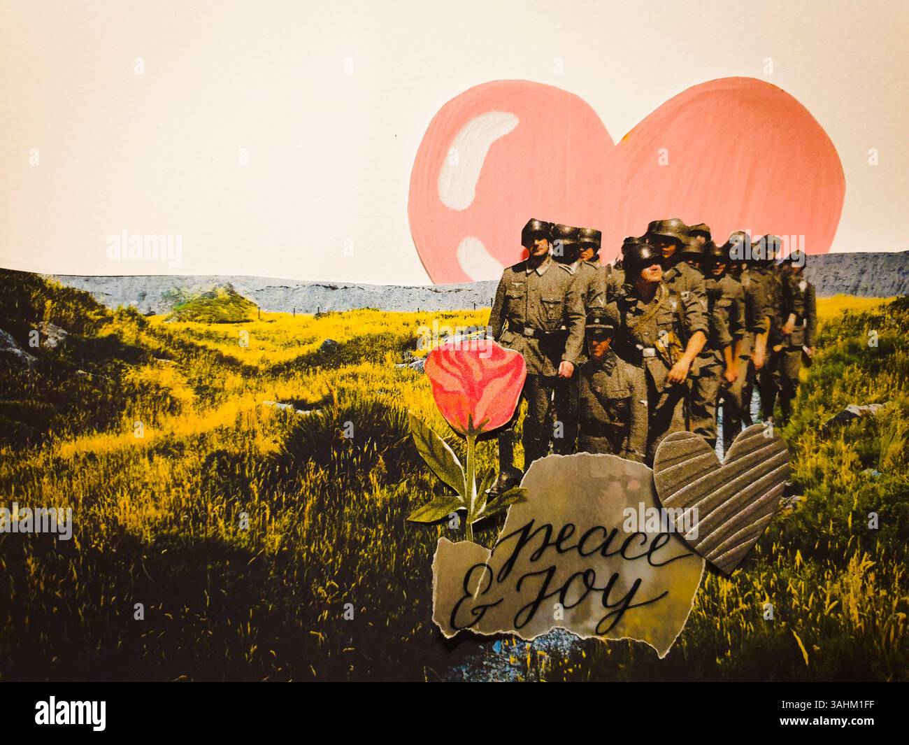 L'arte concettuale del collage di soldati diretti verso la pace e la gioia. Fate altro amore, lasciate la guerra! - Mülheim-Ruhr, Germania, su 05.04.2025 Foto Stock