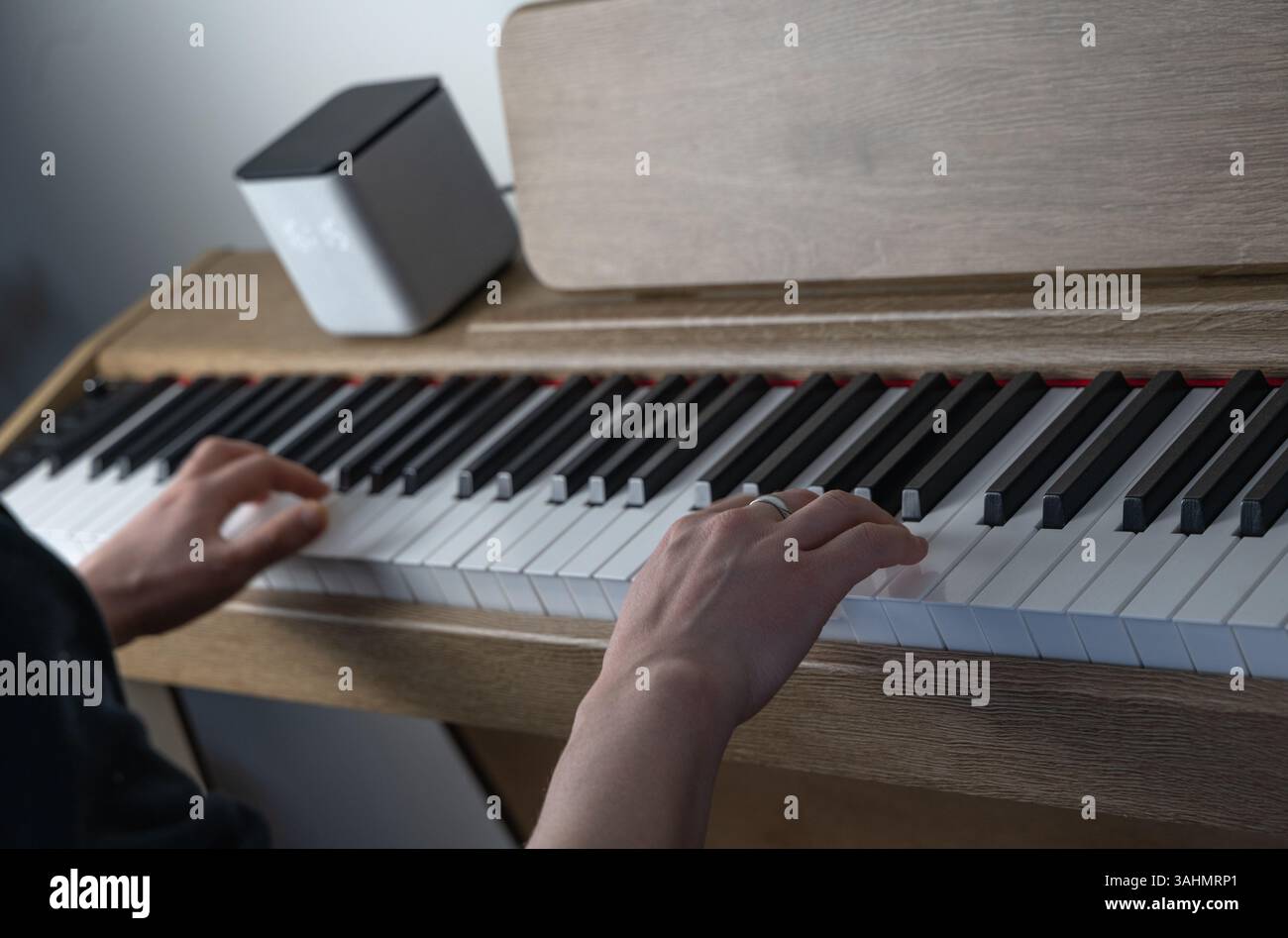C'è una persona che suona abilmente un pianoforte mentre un altoparlante è presente in sottofondo, migliorando l'atmosfera musicale del momento Foto Stock