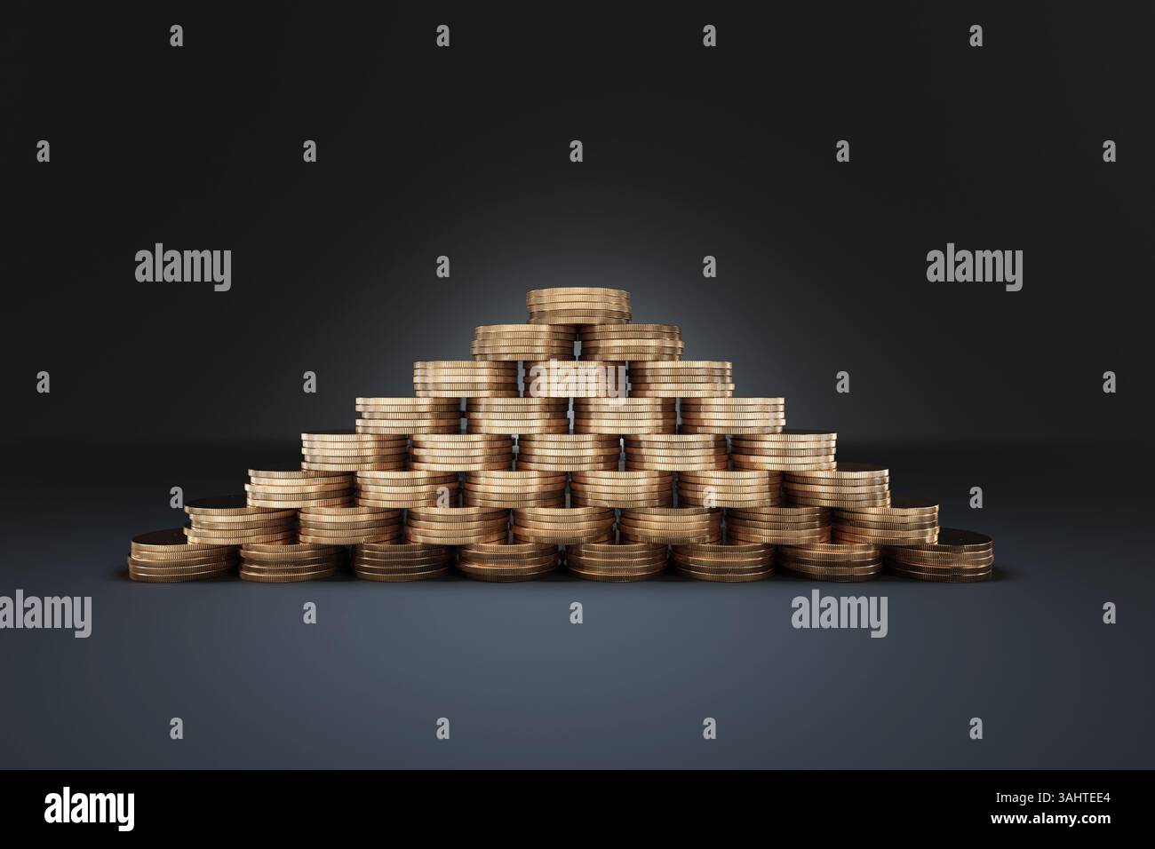 Monete d'oro impilate insieme per formare una piramide su sfondo nero. Illustrazione del concetto di ricchezza, ricchezza, lusso e mercati finanziari Foto Stock